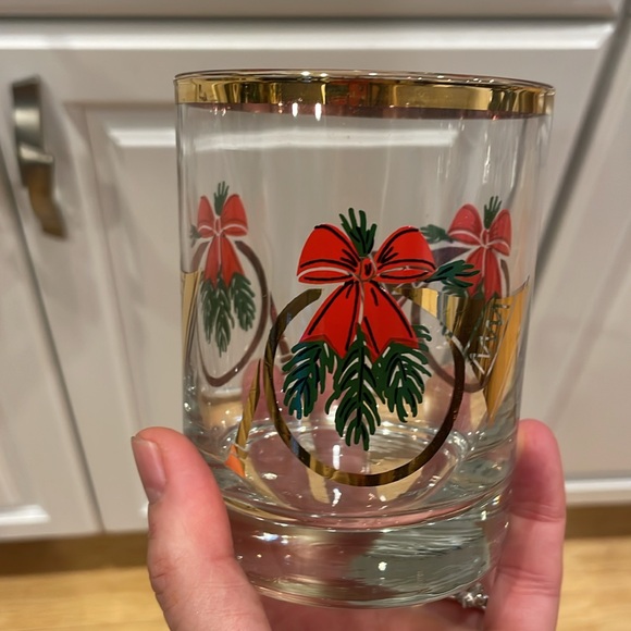 Vintage Gold Rim Clear Christmas Glasses French Horns & Red Bows Set of 4 12-oz - Picture 5 of 5